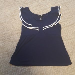 Navy and white piped blouse